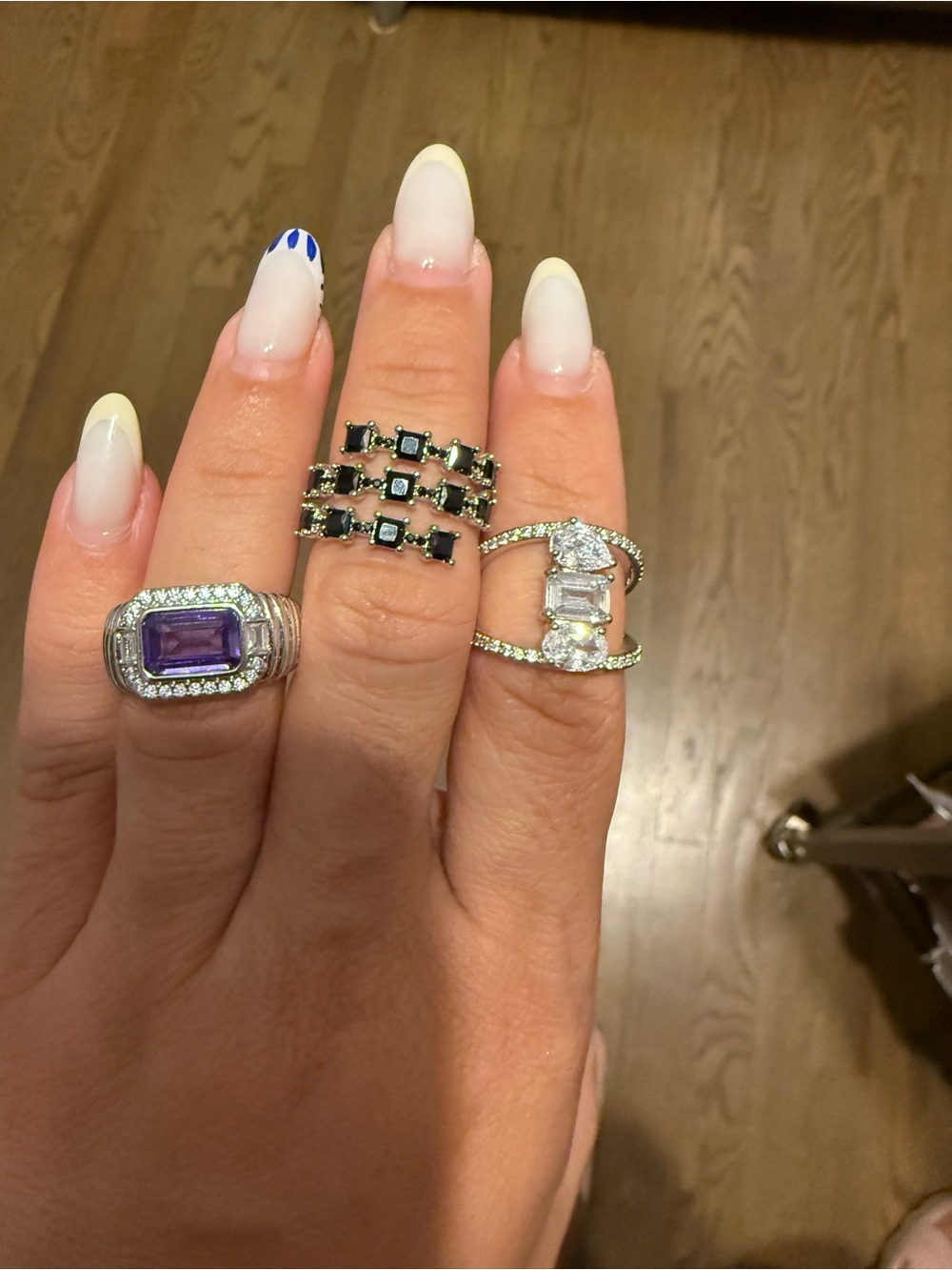 Silver-Tone Ring with Purple Rectangular Gemstone and Clear Accents